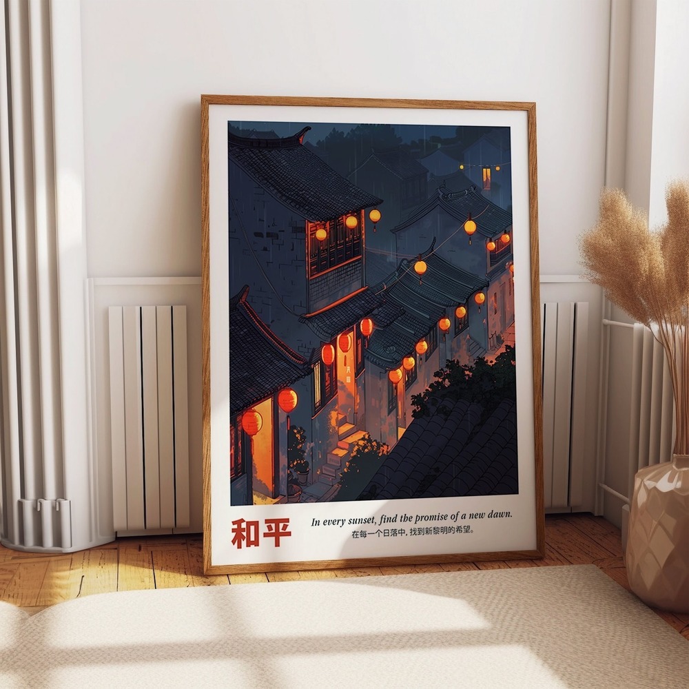 Chinese Lanterns Illuminating Old Town Streets Art Poster
